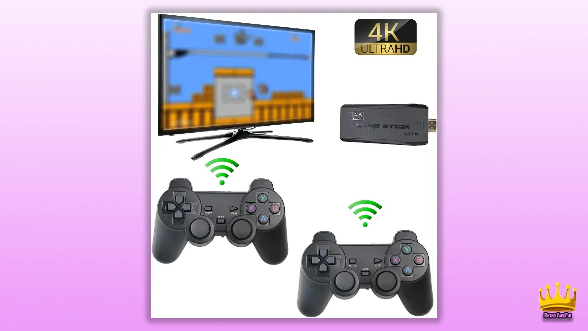 retro game player Trovono Wireless Retro Game Console,Built in 10000+ Classic Games,9 Emulators,Plug and Play Video Game Stick 4K High Definition HDMI Output for TV with Dual 2.4G Wireless Controllers